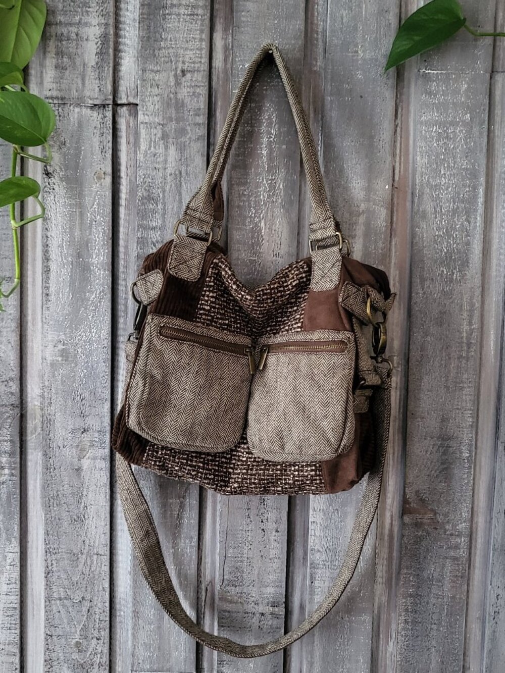 Boho Tweed Patchwork Crossbody Shoulder Bag Brown Like New